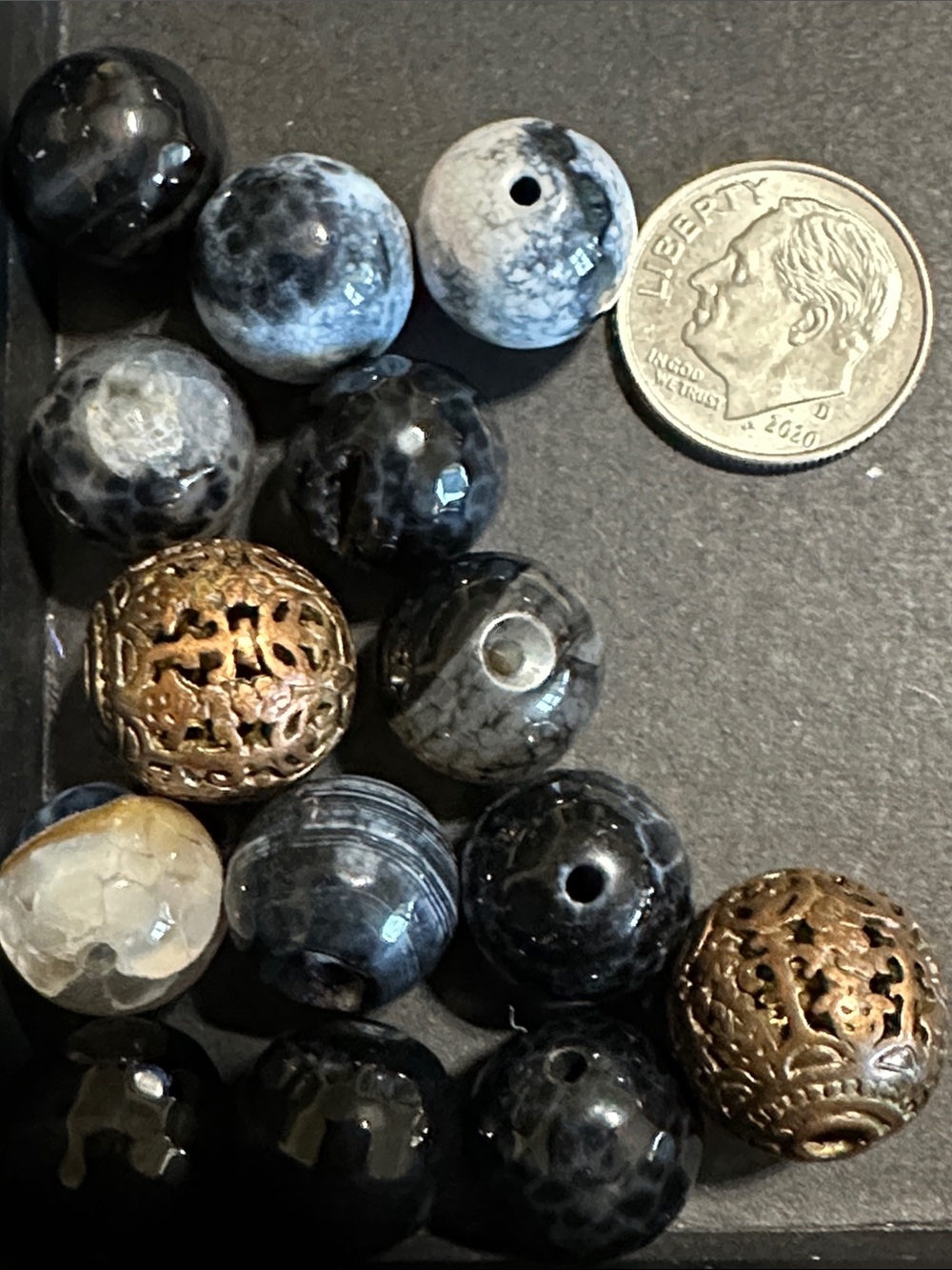 17.  Natural Stone 11mm Loose Beads & 2 Bronze Ornate Beads